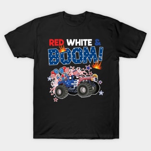 4th of July Monster Truck America Red White and Boom Gift For Boys Kids T-Shirt